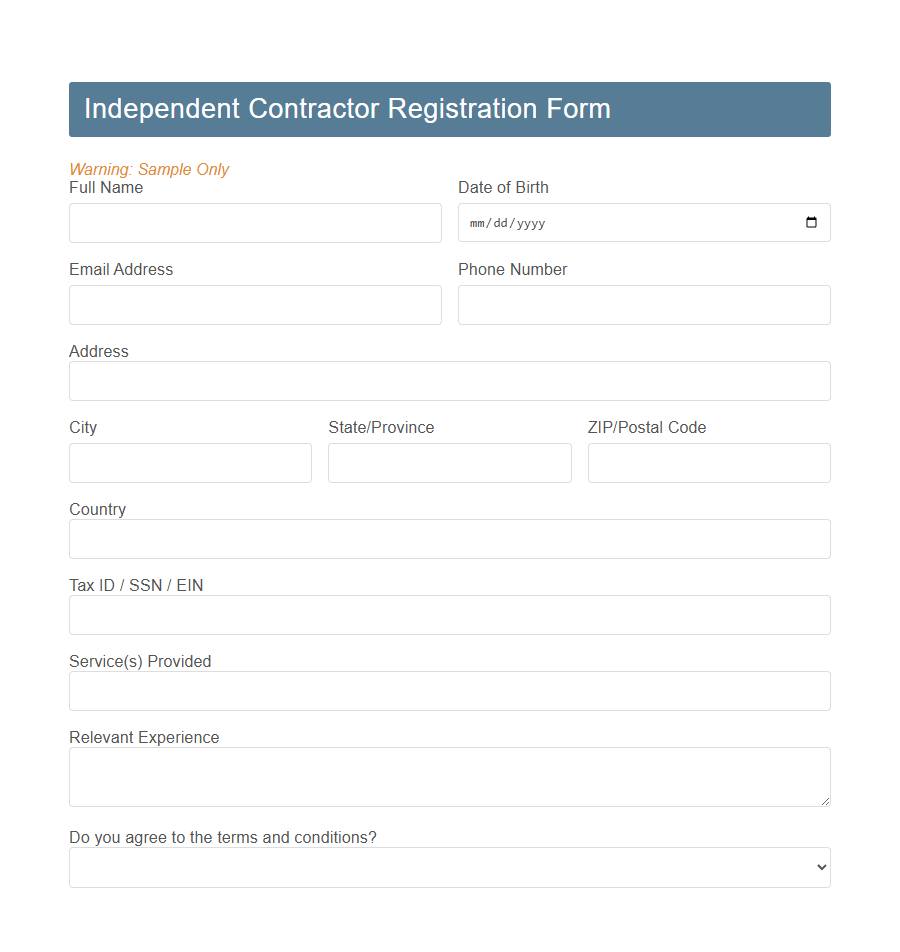 Subcontractor Registration Form Template PDF Samples