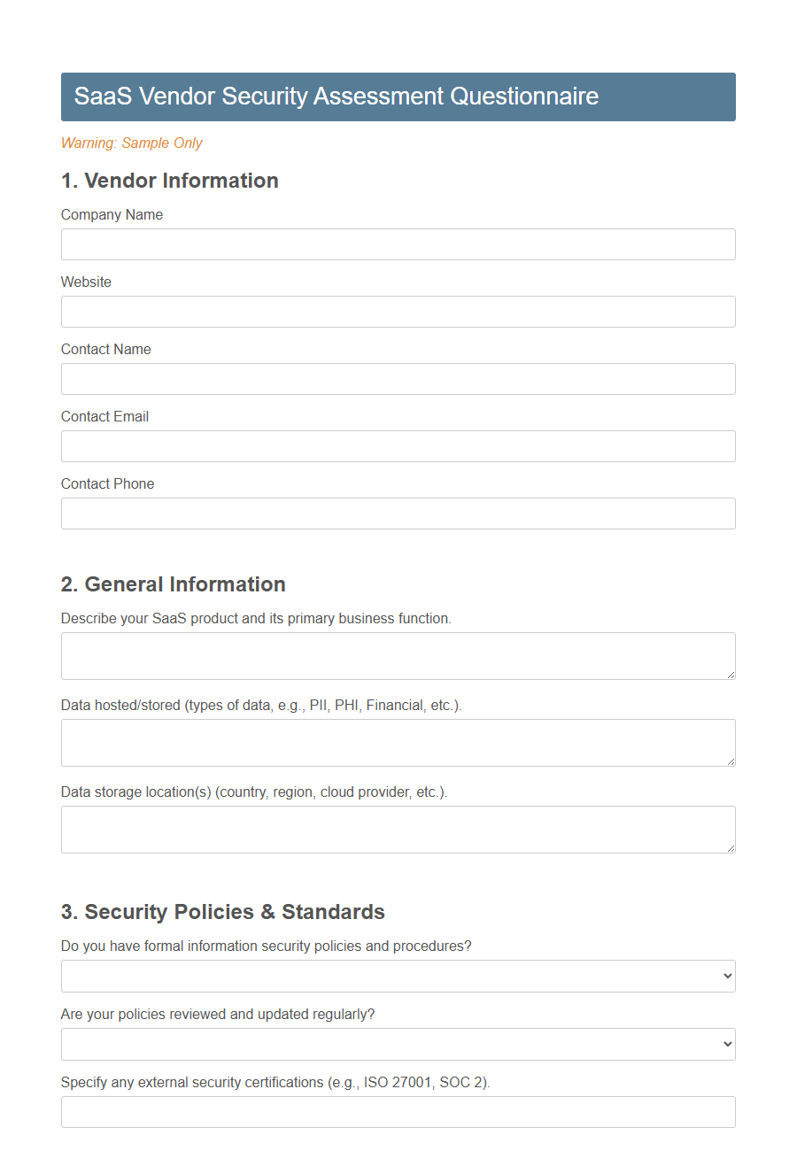 Tech Vendor Assessment Form Template PDF Samples