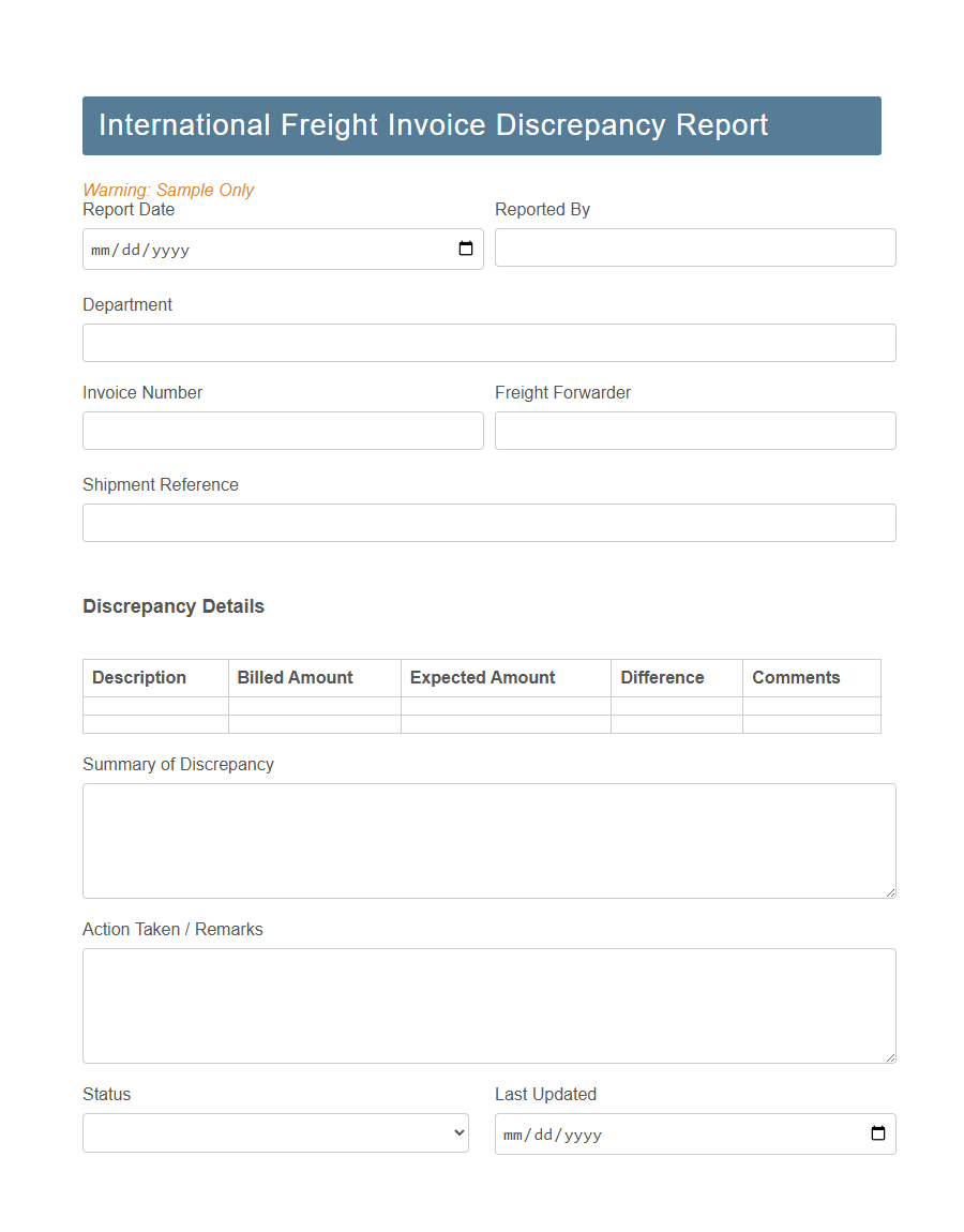 Transport Invoice Discrepancy Form PDF Samples