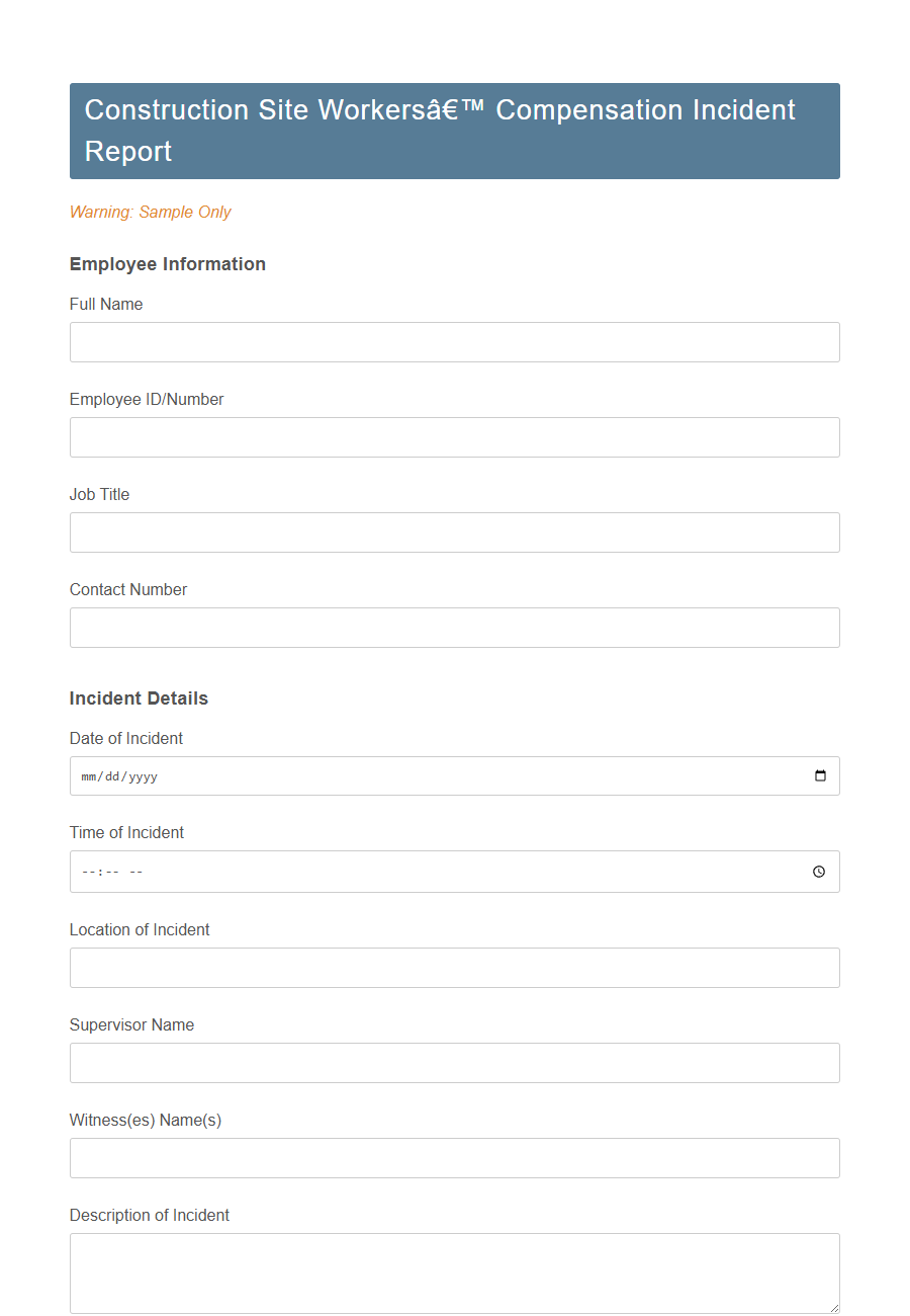 Workers' Compensation Incident Report Form Template PDF Samples
