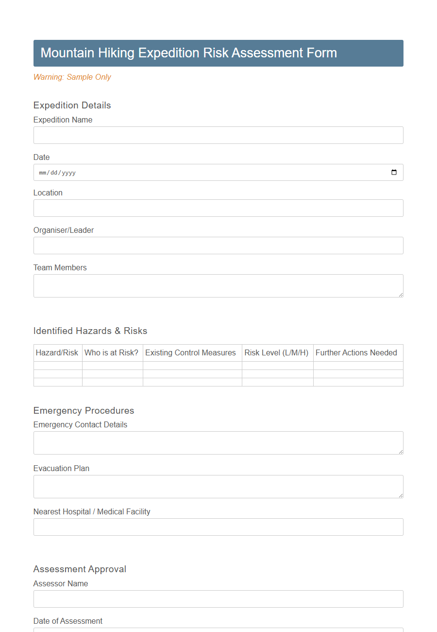 Adventure Tour Risk Assessment Form Template PDF Samples