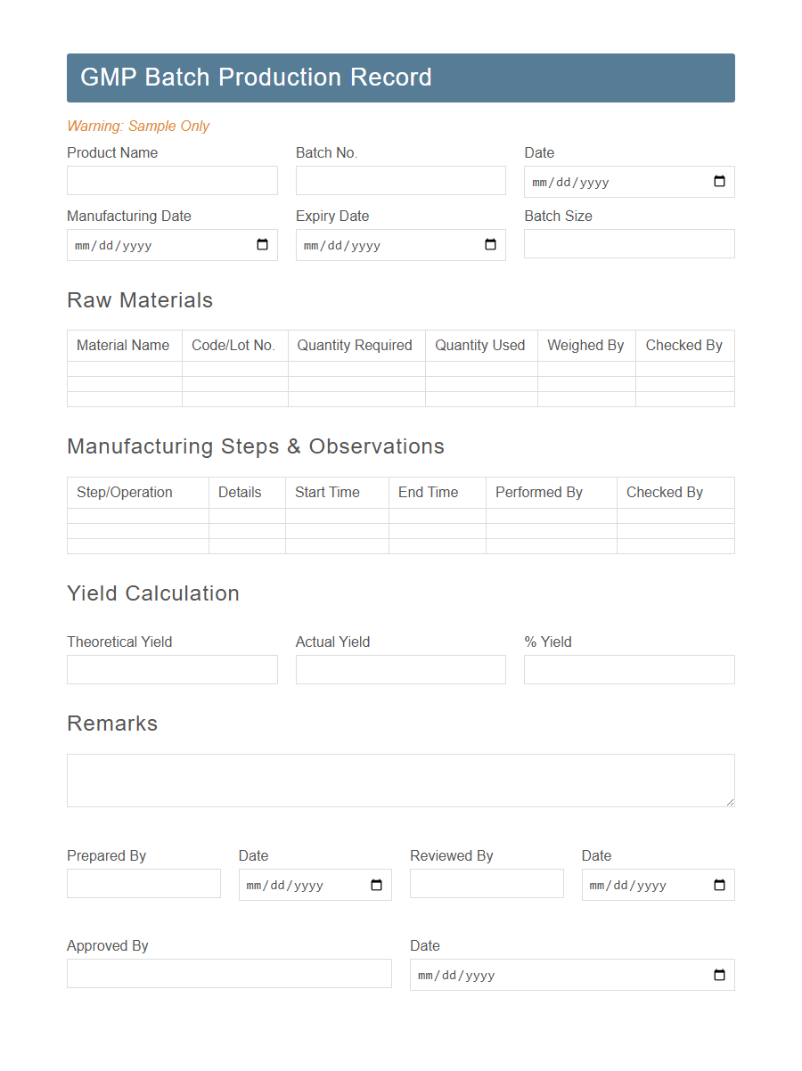 Batch Production Record Form PDF Samples