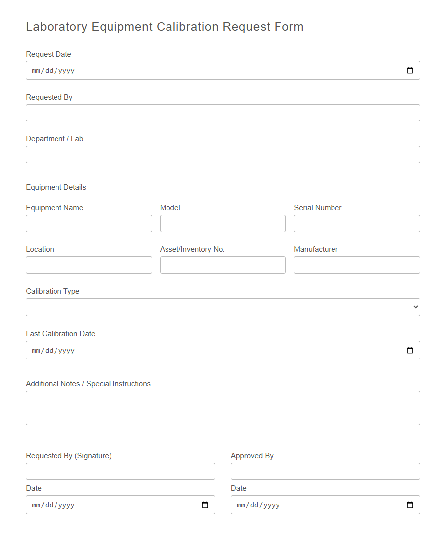 Equipment Calibration Request Form PDF Samples