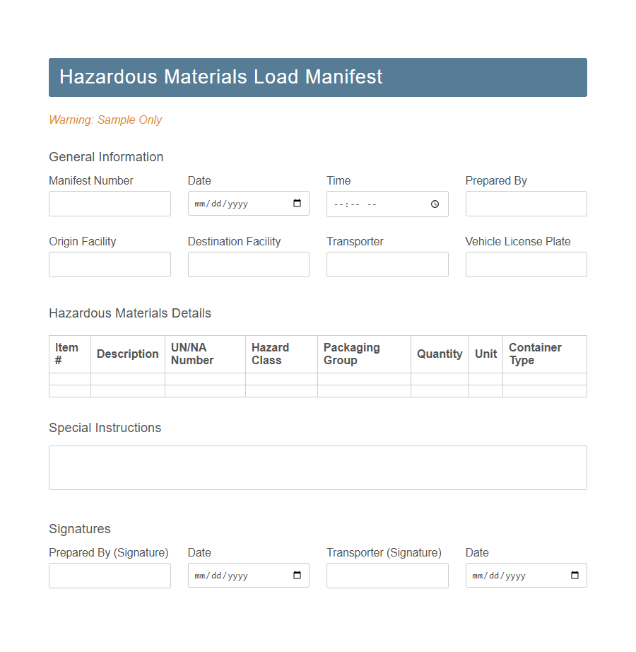 Load Manifest Form PDF Samples