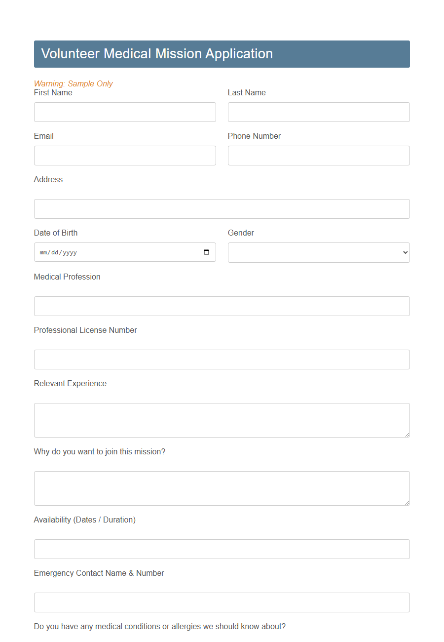 Mission Trip Application Form Template PDF Samples