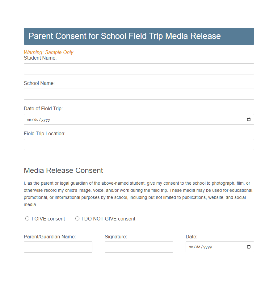 Parent Consent for Media Release Form PDF Samples