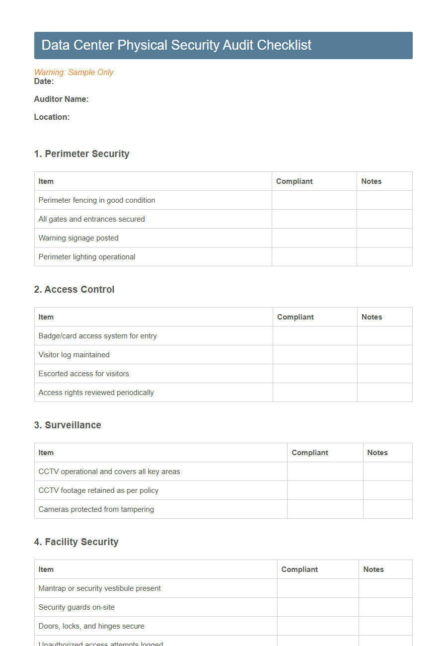 Physical Security Inspection Checklist Form Template PDF Samples