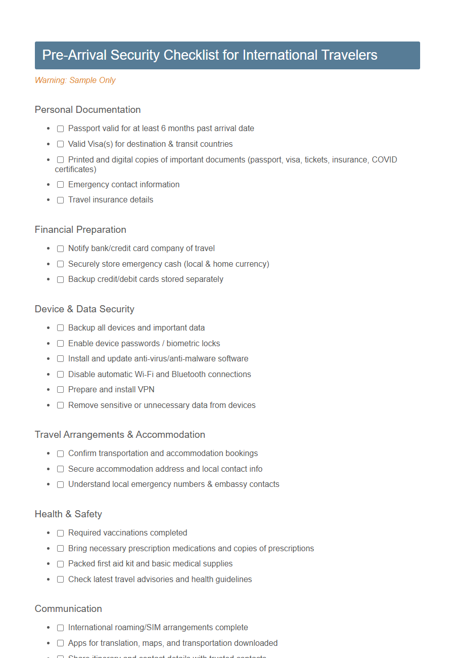 Pre-Arrival Security Information Form PDF Samples