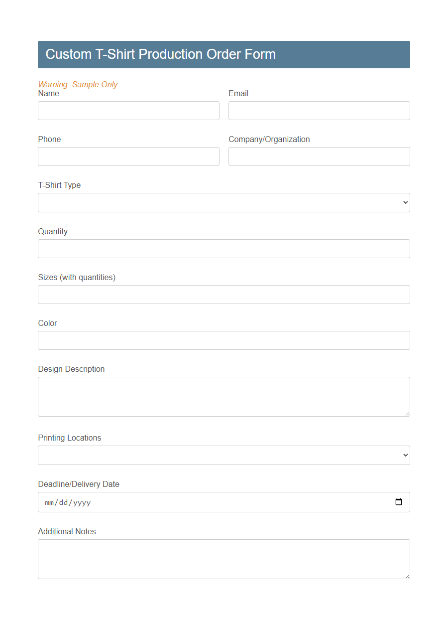 Production Order Form Template PDF Samples