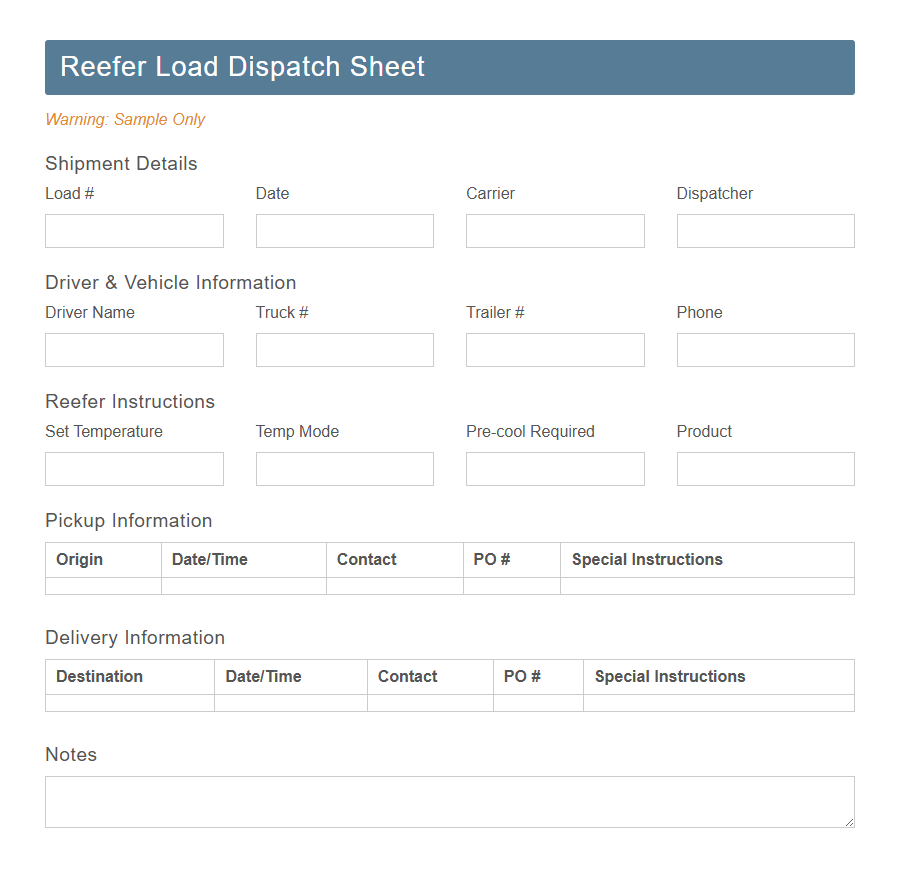 Truck Dispatch Sheet PDF Samples