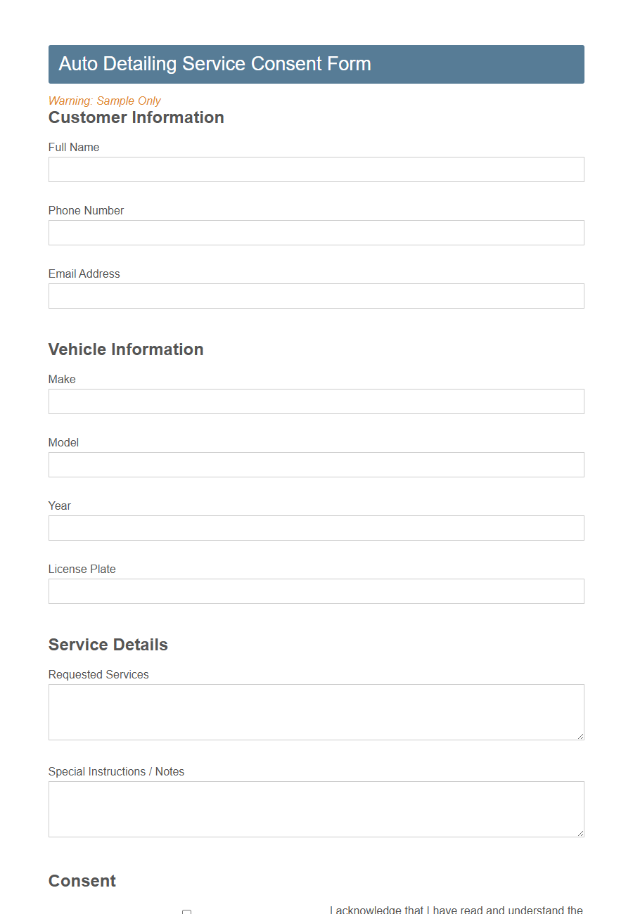 Auto Detailing Service Consent Form Template PDF Samples