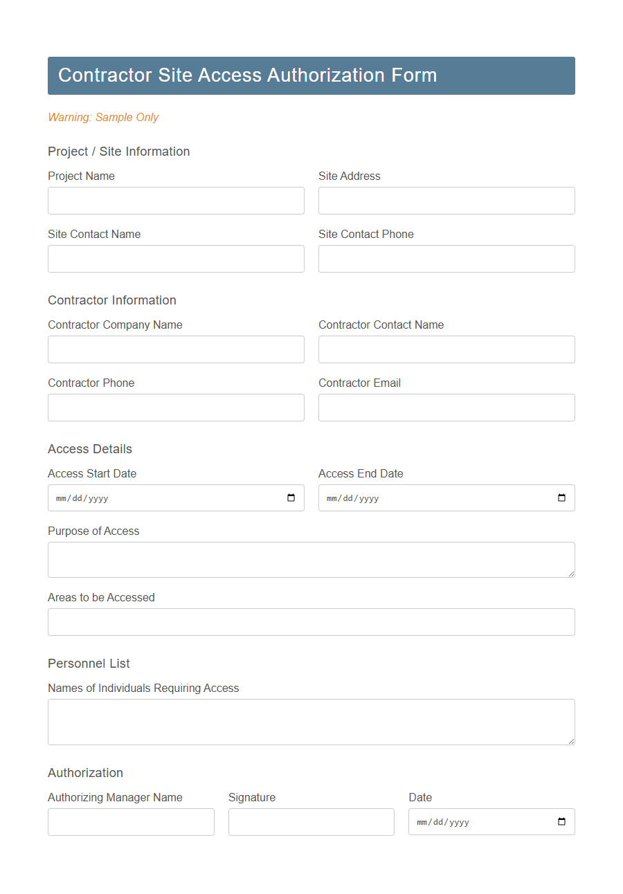 Contractor Security Induction Form Template PDF Samples