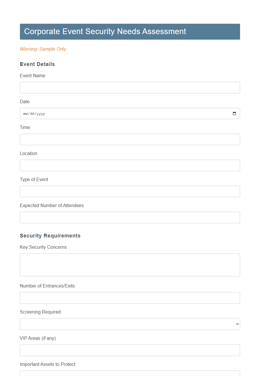 Event Security Needs Assessment Form Template PDF Samples