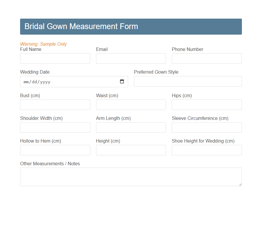 Fashion Client Measurement Form Template PDF Samples
