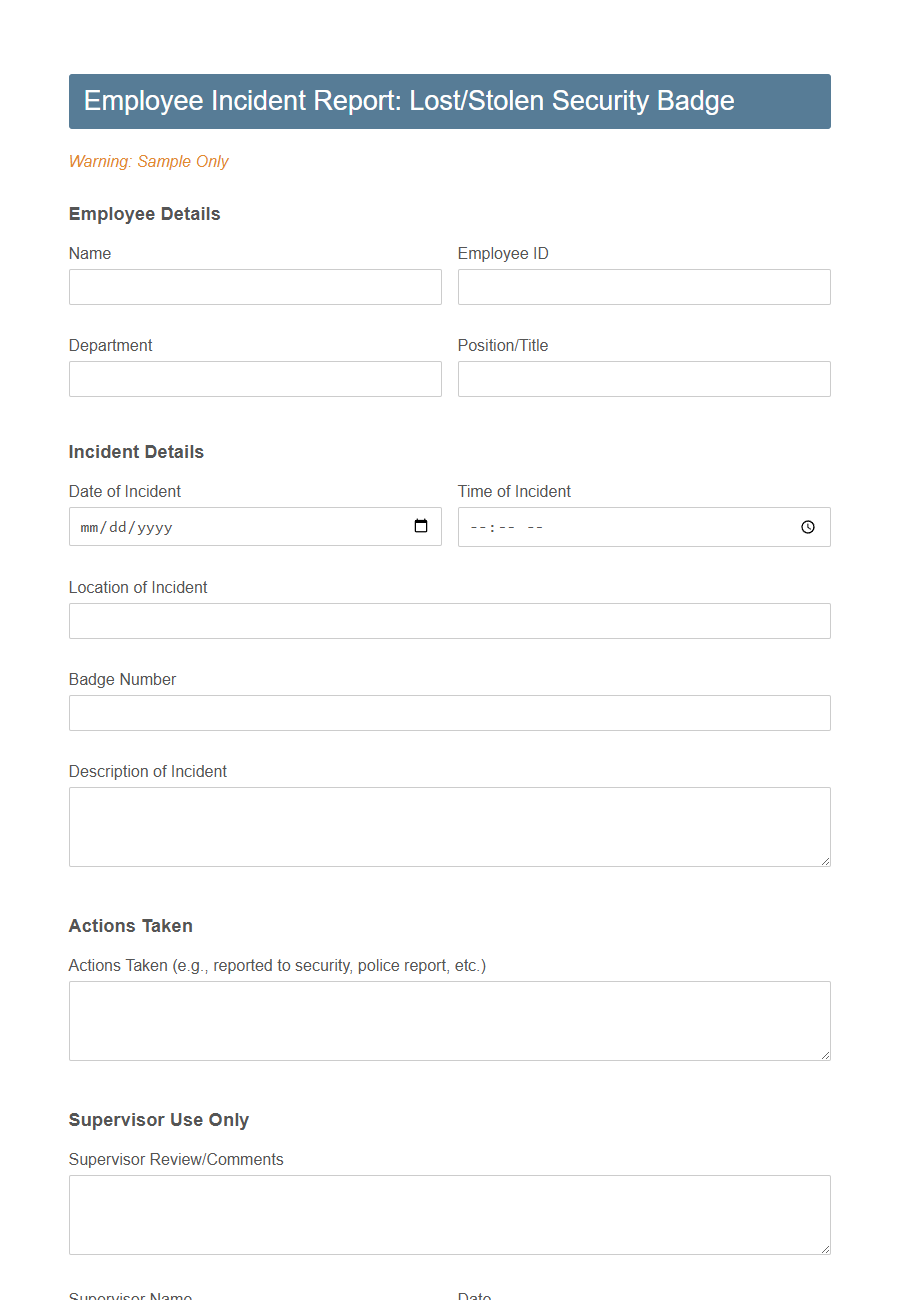 Lost/Stolen Security Badge Report Form PDF Samples