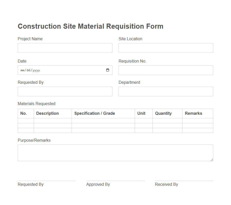 Material Requisition Form (Construction) PDF Samples