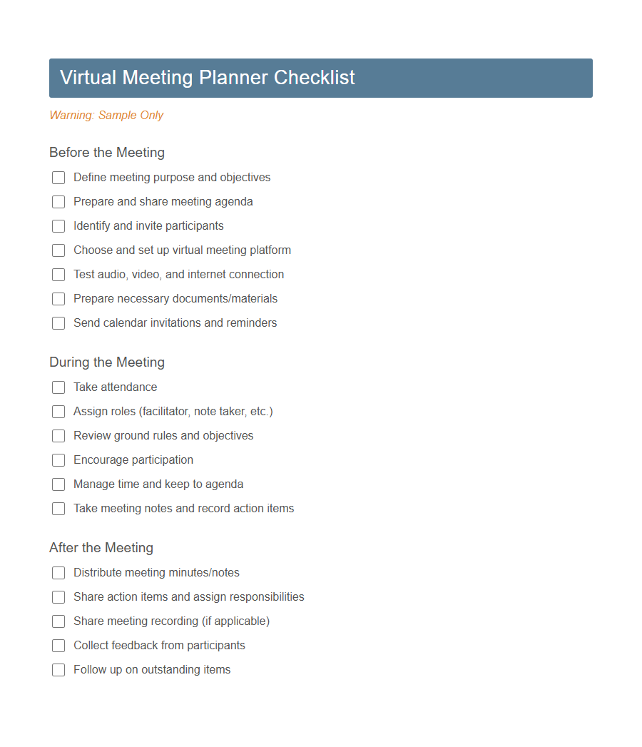 Meeting Planner Checklist/Form Template PDF Samples