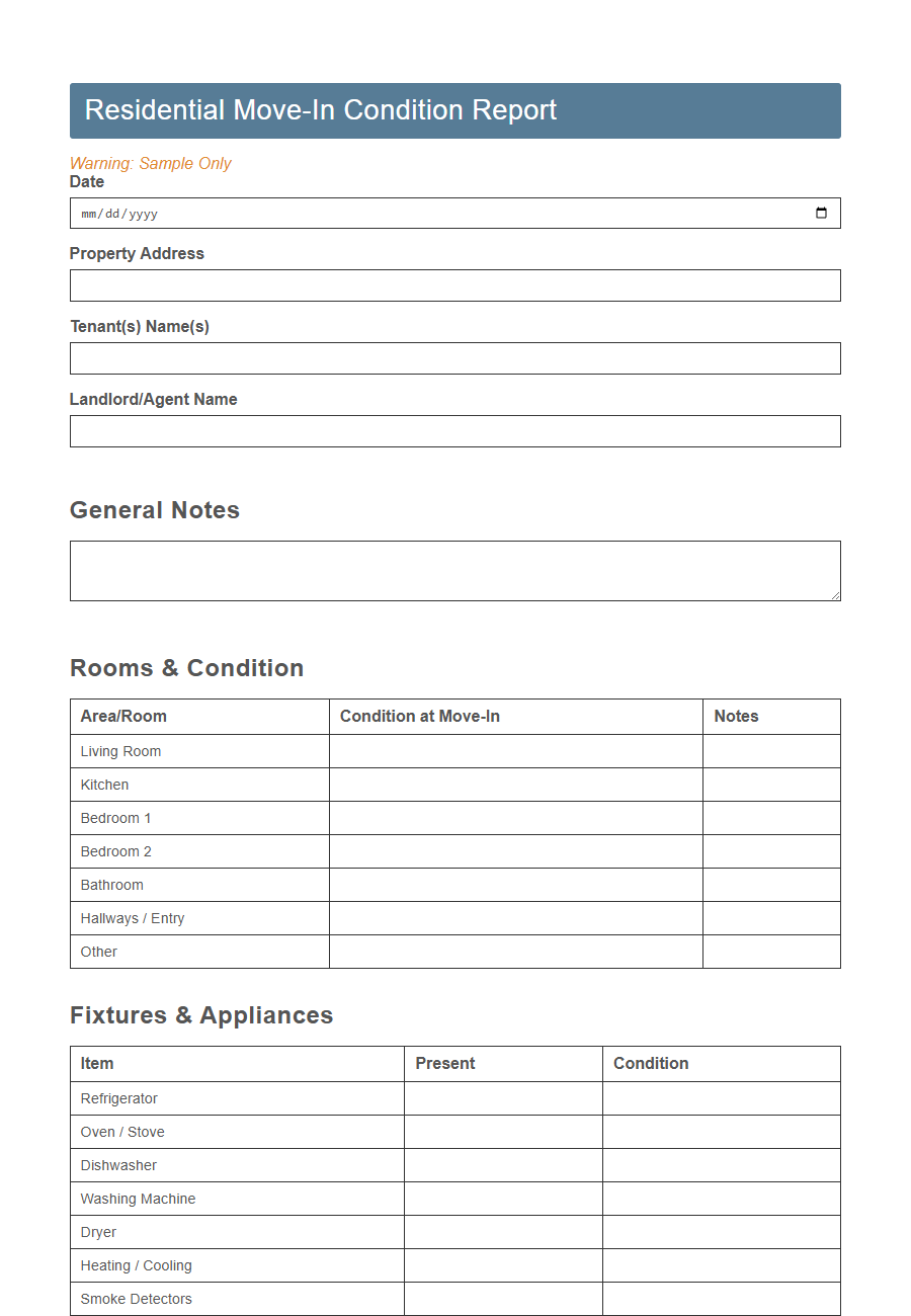Move-In/Move-Out Condition Form PDF Samples