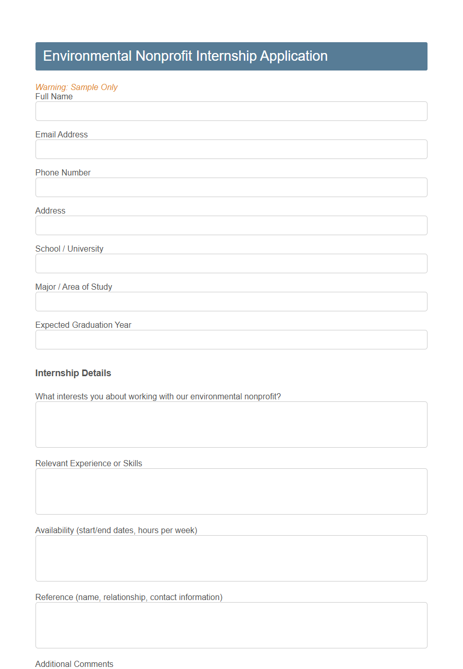 Nonprofit Internship Application Form PDF Samples