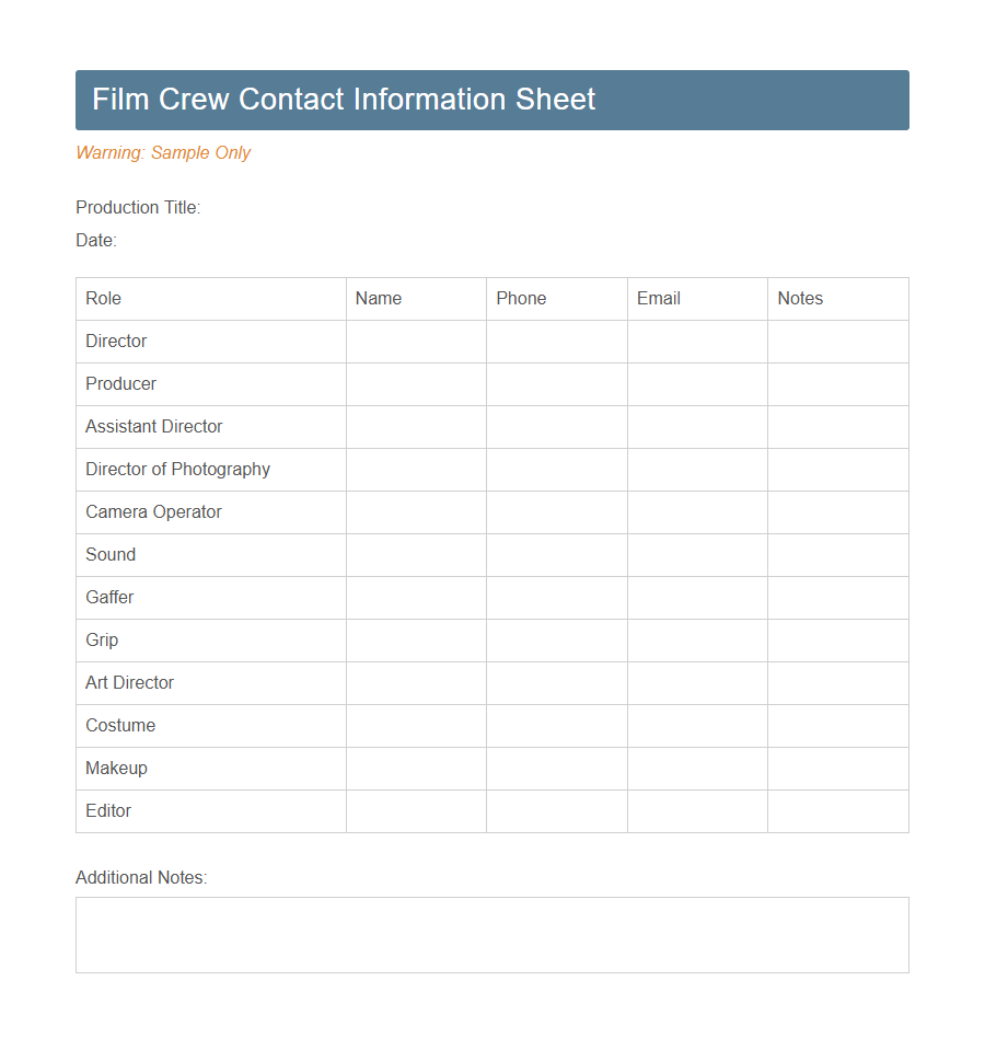 Production Crew Sign-In Form Template PDF Samples