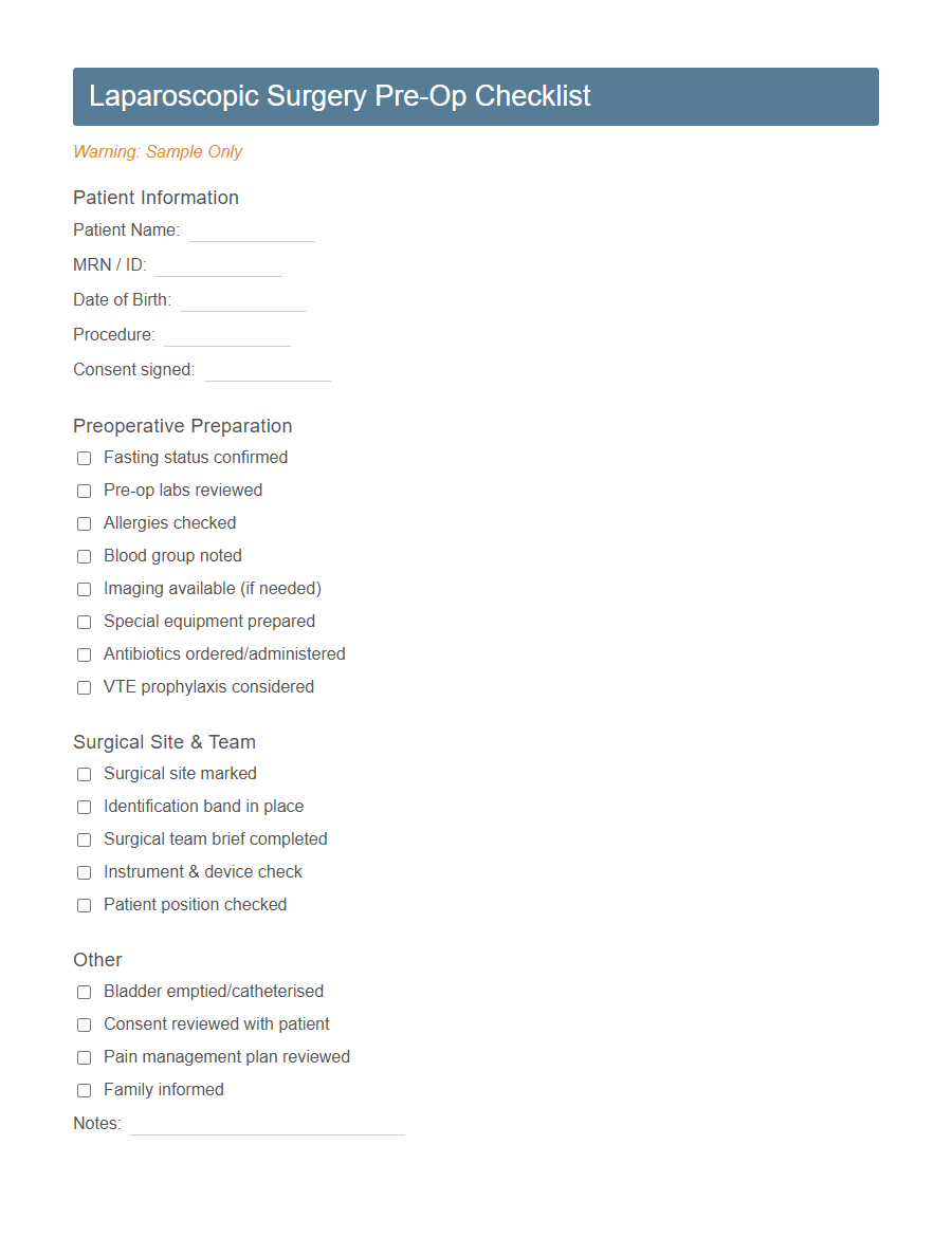 Surgical Procedure Checklist Form PDF Samples