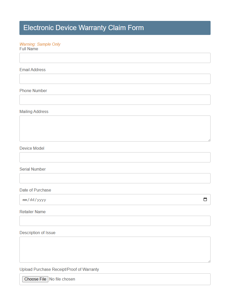 Warranty Claim Form (Automotive) PDF Samples