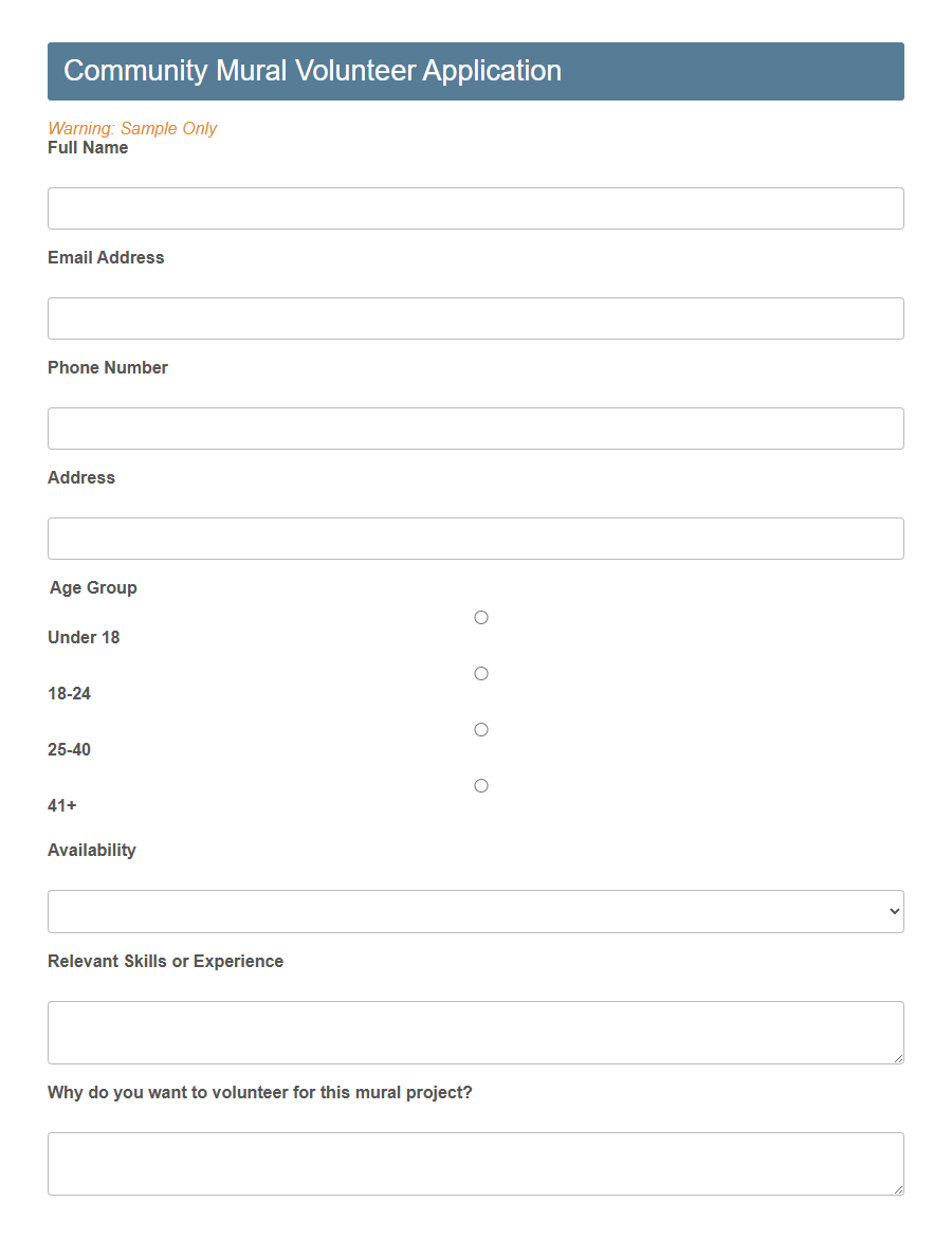 Art Volunteer Application Form PDF Samples