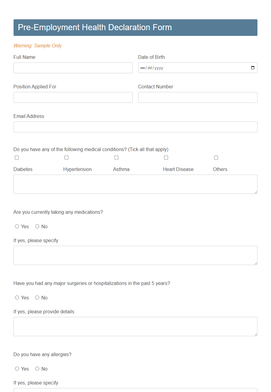 Employee Health Screening Form Template PDF Samples