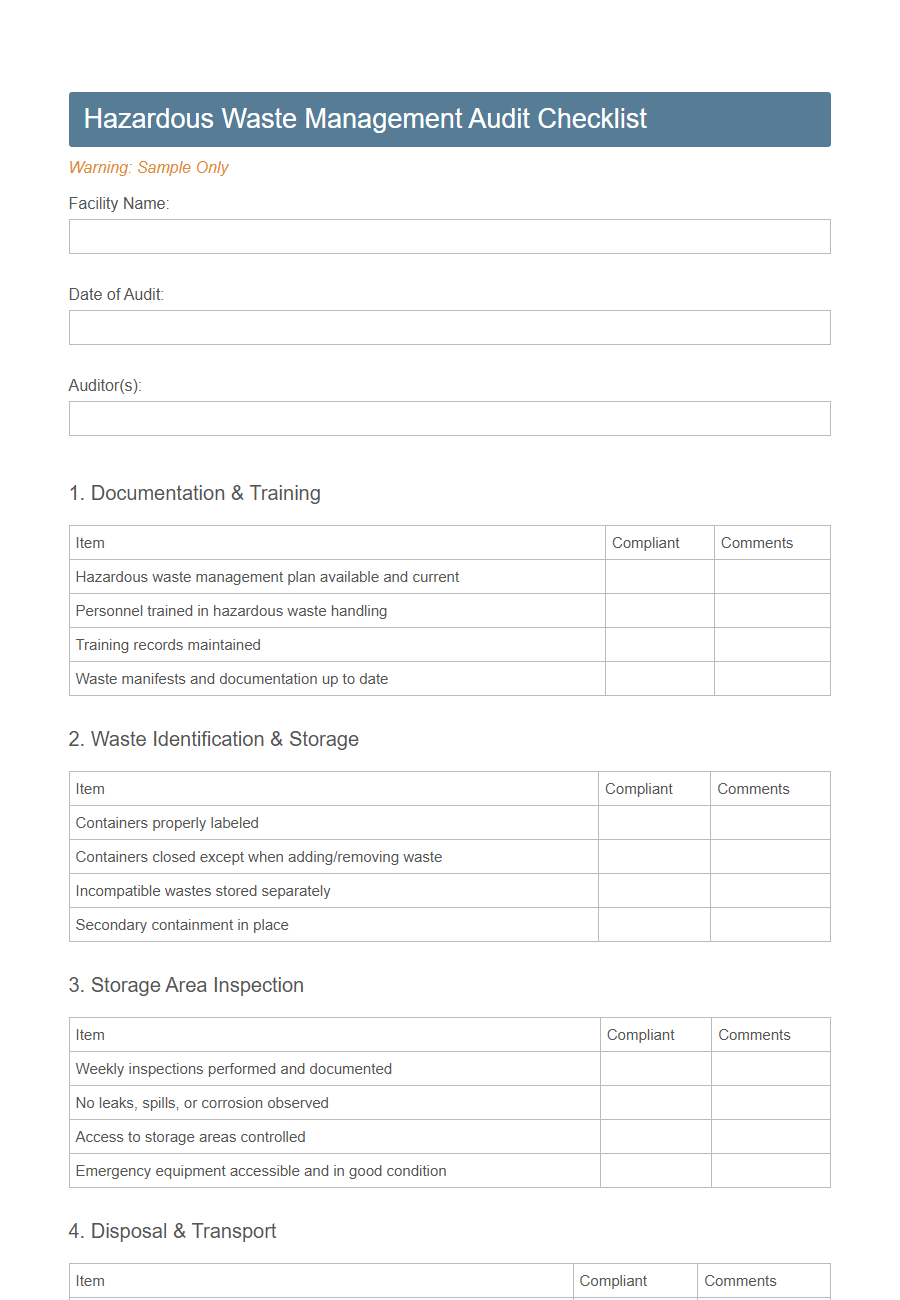 Environmental Compliance Audit Form Template PDF Samples