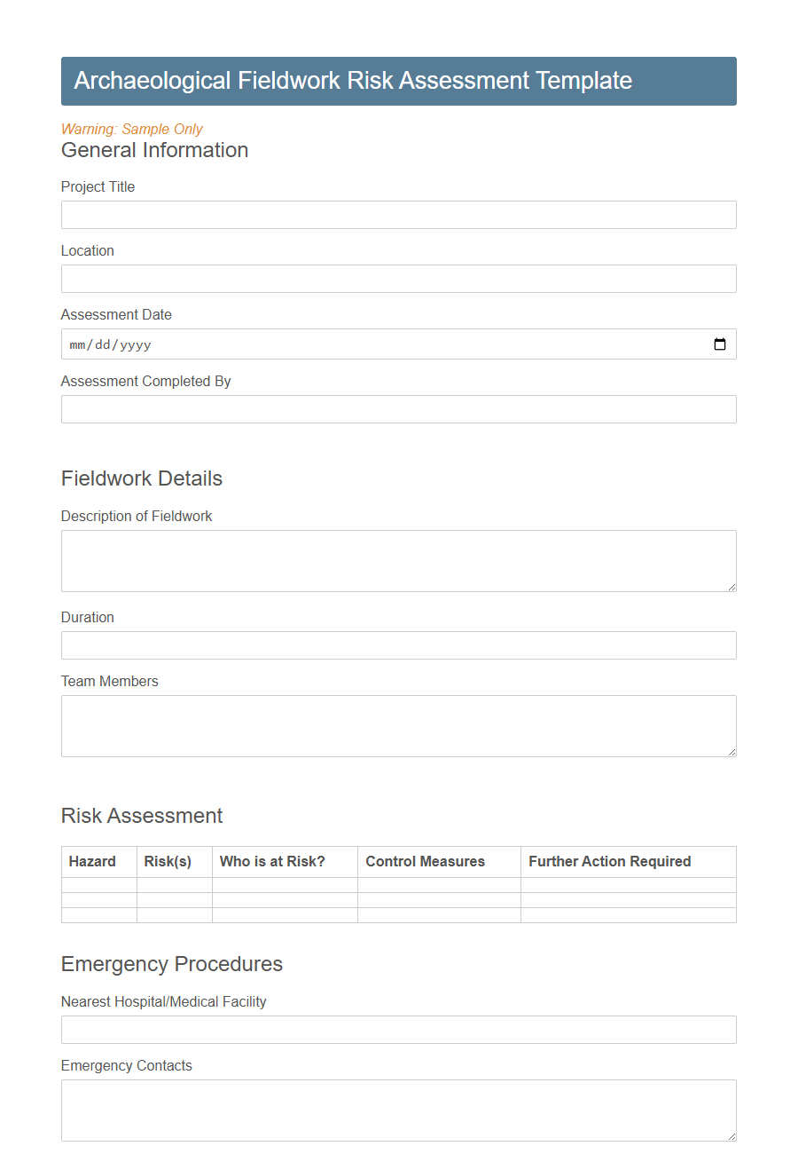 Fieldwork Risk Assessment Form PDF Samples