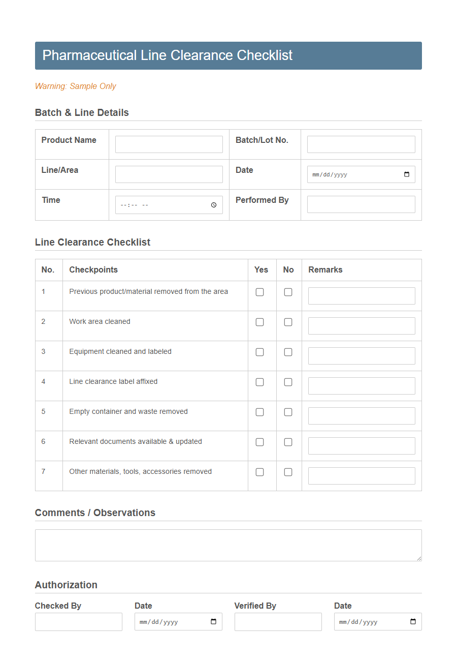 Line Clearance Checklist Form PDF Samples