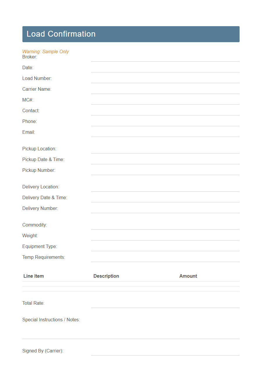 Load Confirmation Form PDF Samples