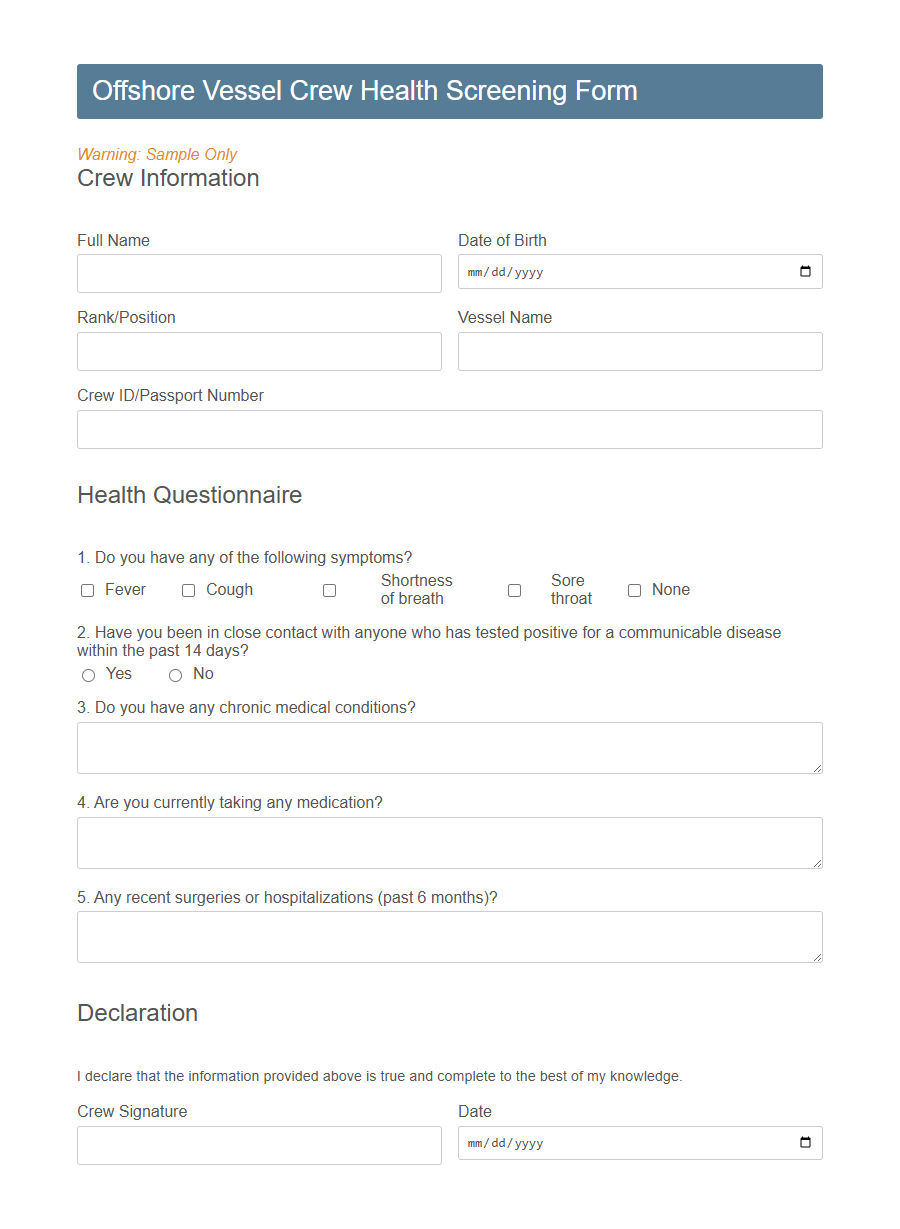 Maritime Crew Health Declaration Form PDF Samples