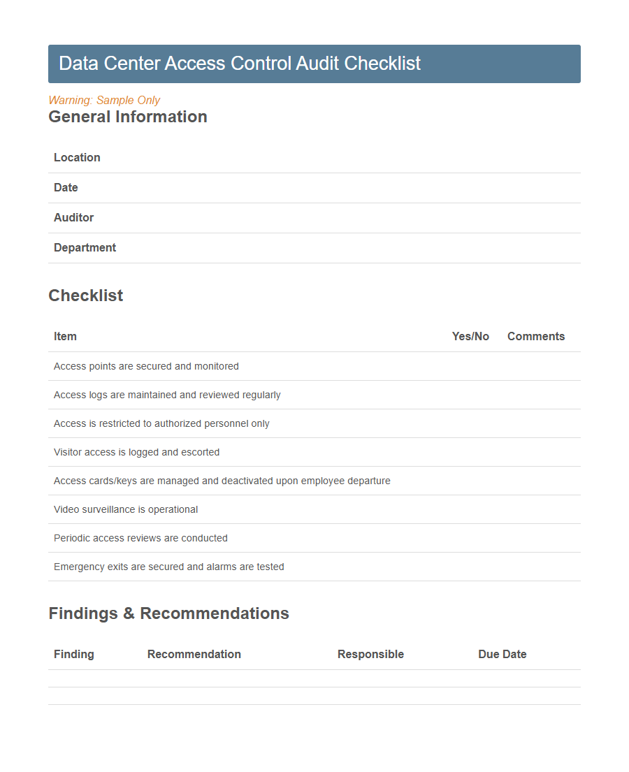 Physical Security Audit Checklist Form Template PDF Samples