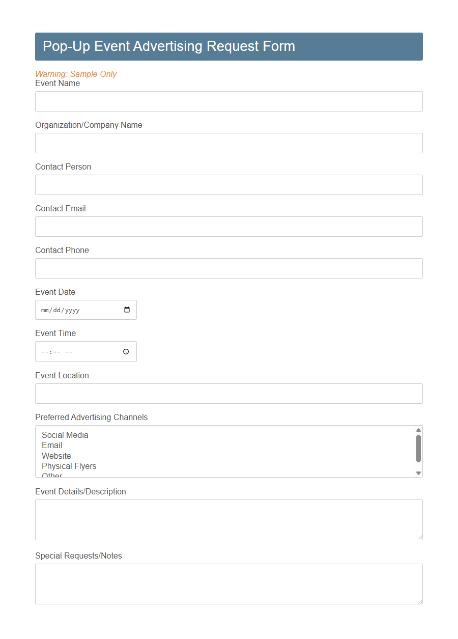 Pop-Up Event Advertising Request Form PDF Samples