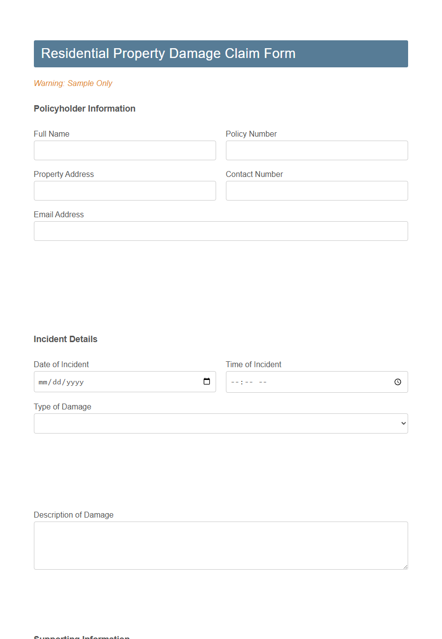 Property Damage Insurance Claim Form Template PDF Samples