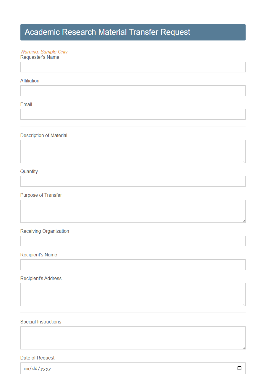 Research Material Transfer Request Form PDF Samples