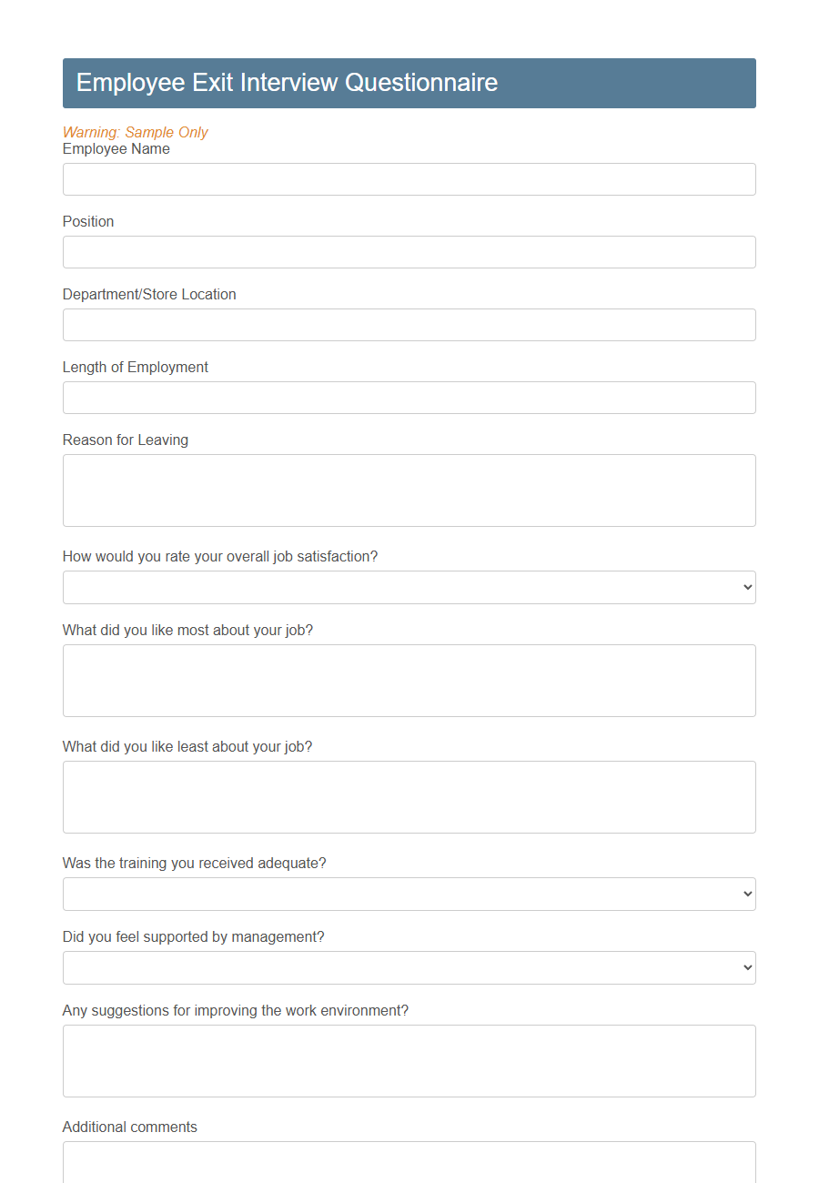 Retail Exit Interview Form PDF Samples