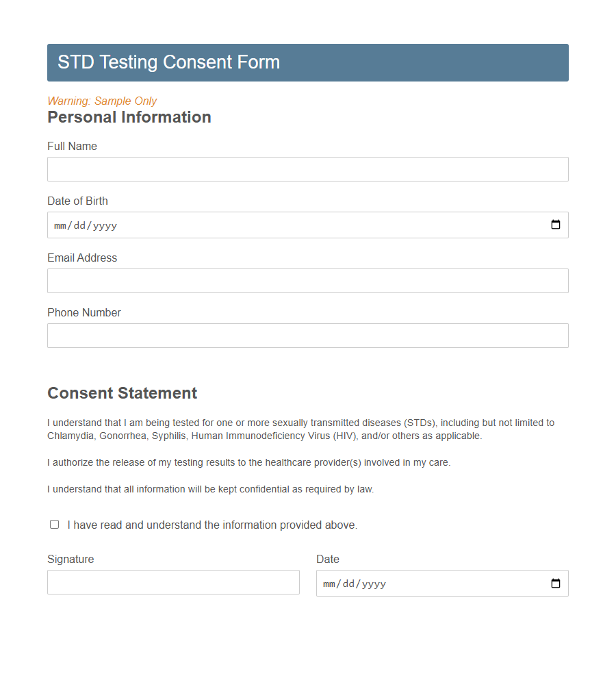 STD Testing Consent Form Template PDF Samples