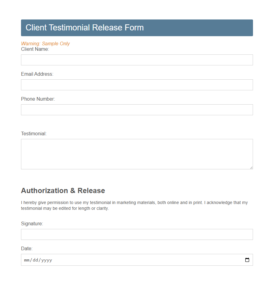 Testimonials Release Form Template PDF Samples