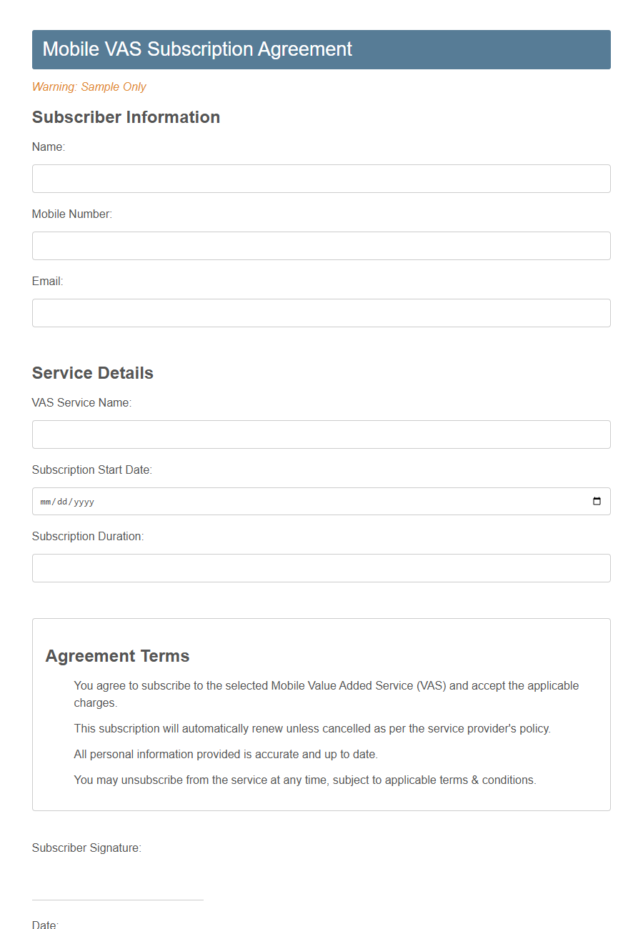 Value Added Service (VAS) Subscription Form Template PDF Samples
