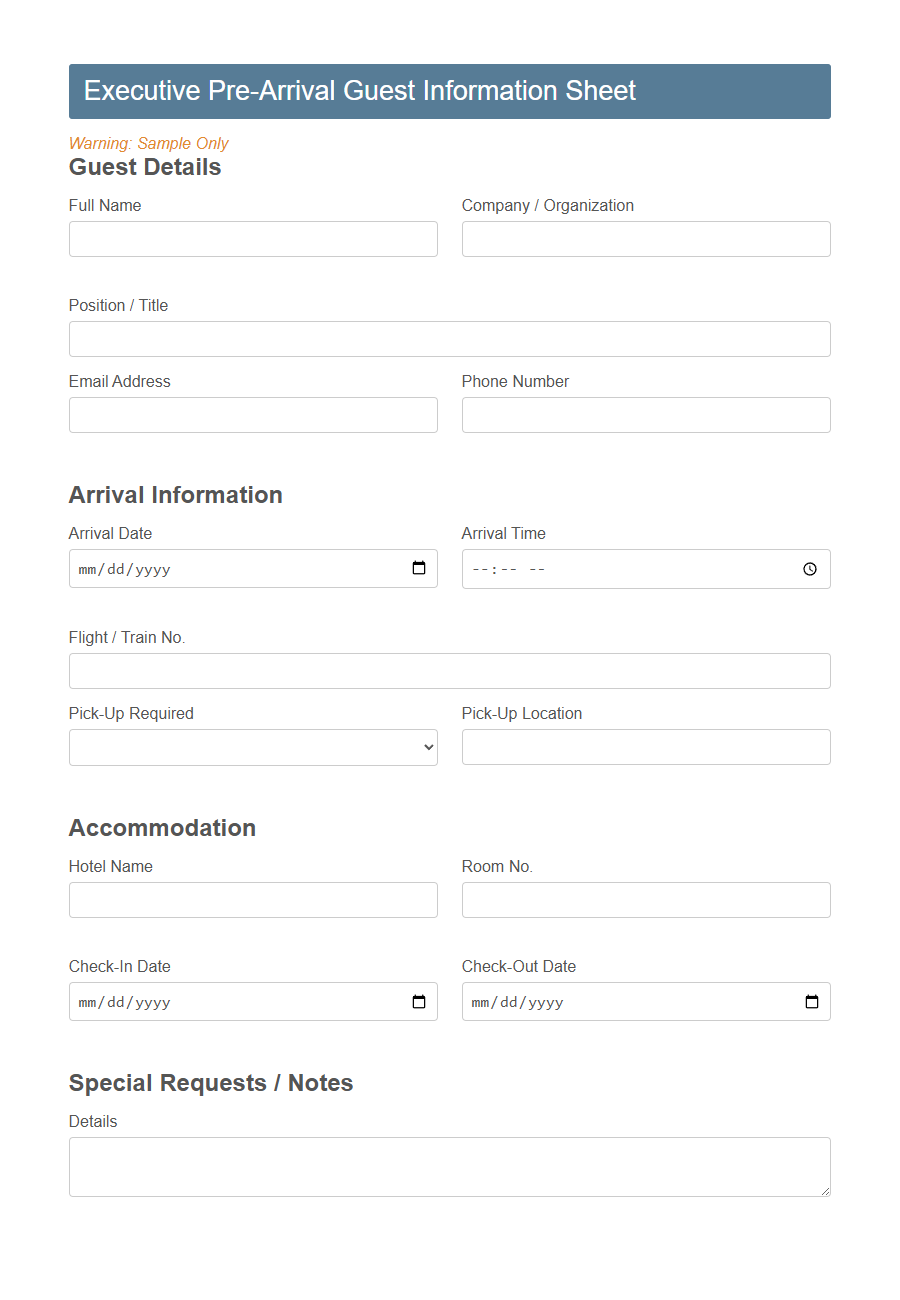 VIP Guest Profile Form PDF Samples