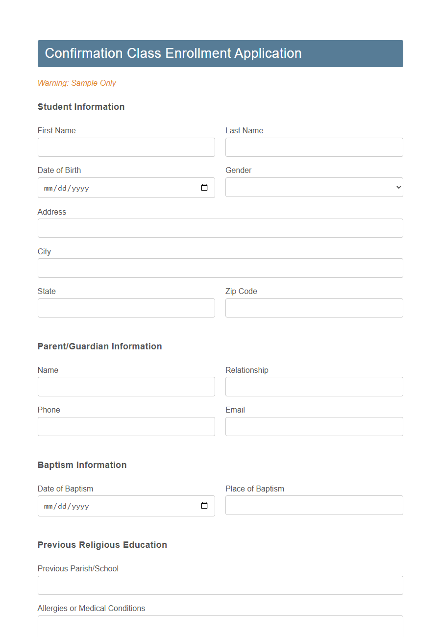Confirmation Class Enrollment Form PDF Samples