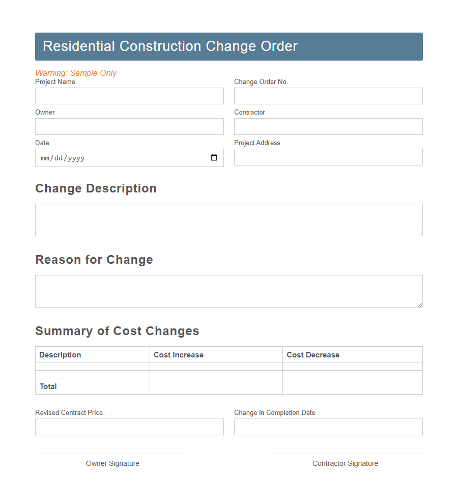 Construction Change Order Form PDF Samples