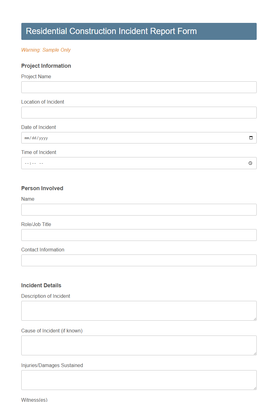 Construction Incident Report Form PDF Samples