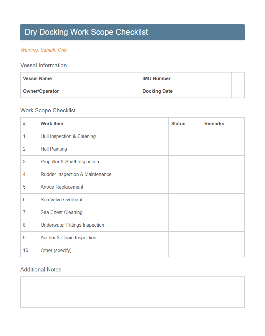 Dry Docking Specification Form PDF Samples
