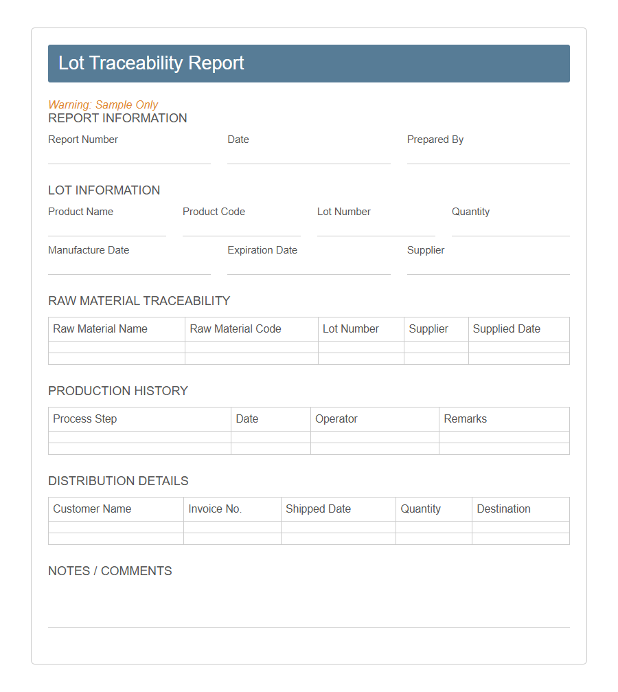 Lot Traceability Form PDF Samples