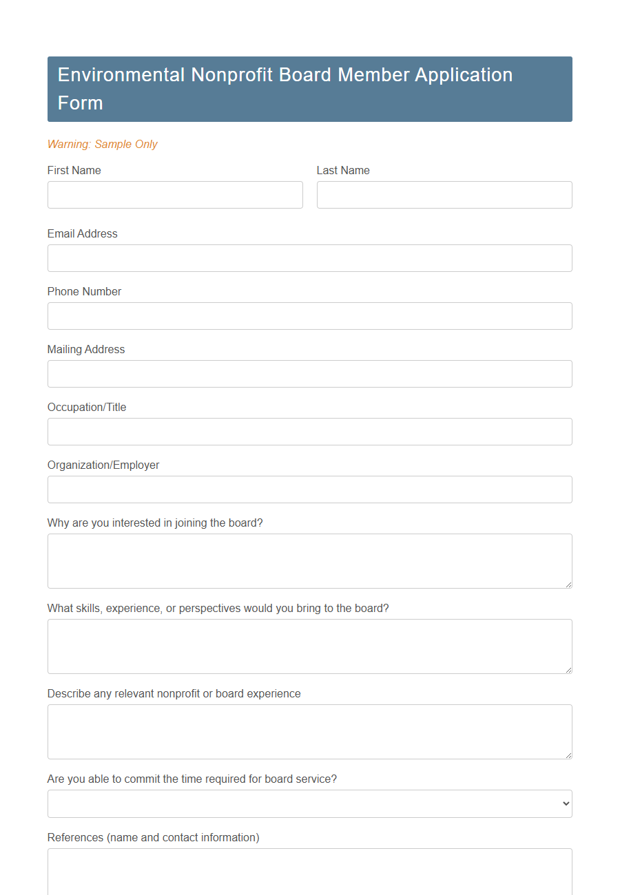 Nonprofit Board Member Application Form PDF Samples