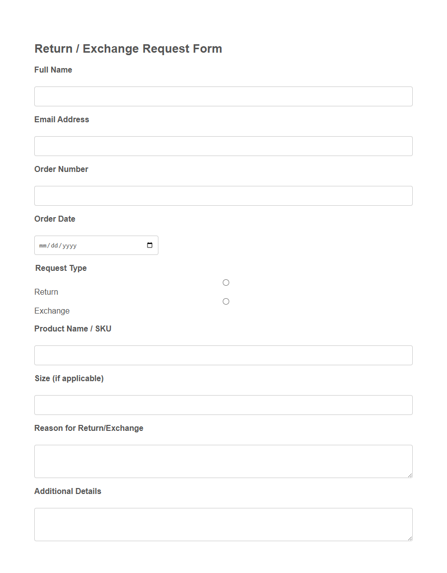 Retail Return/Exchange Request Form PDF Samples