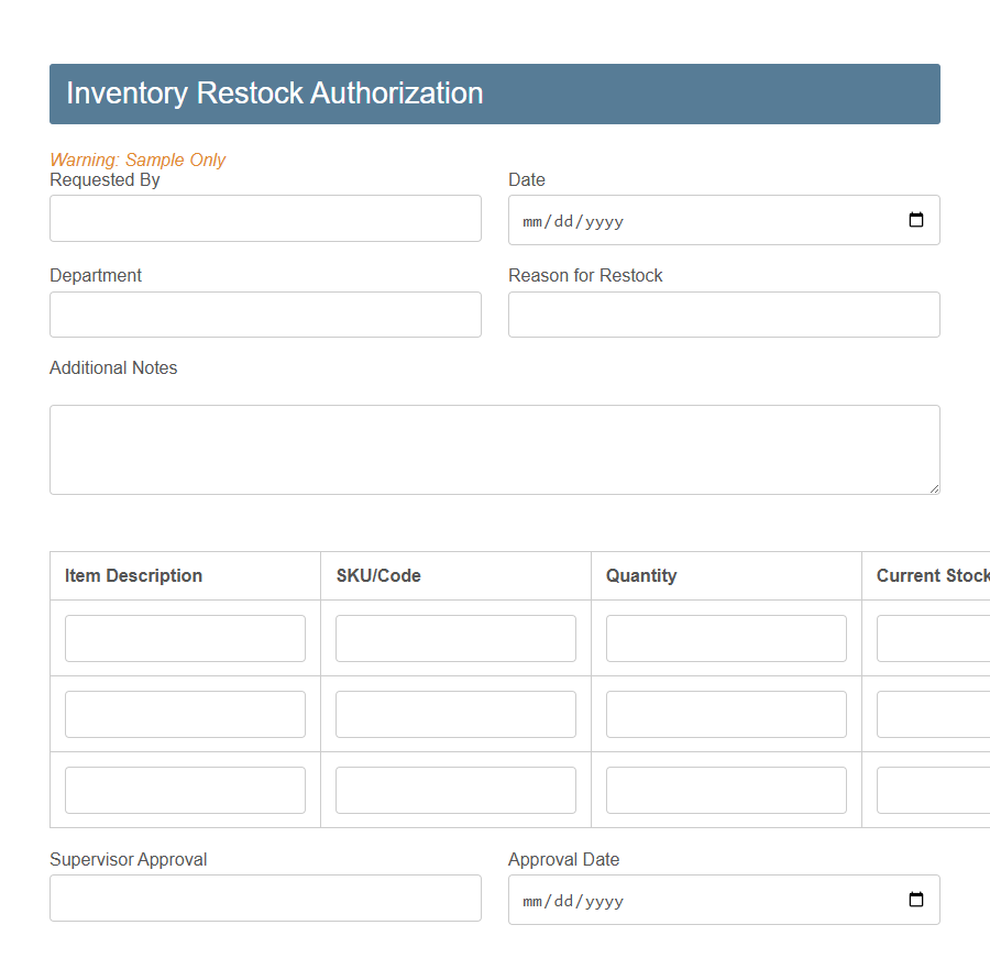 Stock Replenishment Request Form PDF Samples